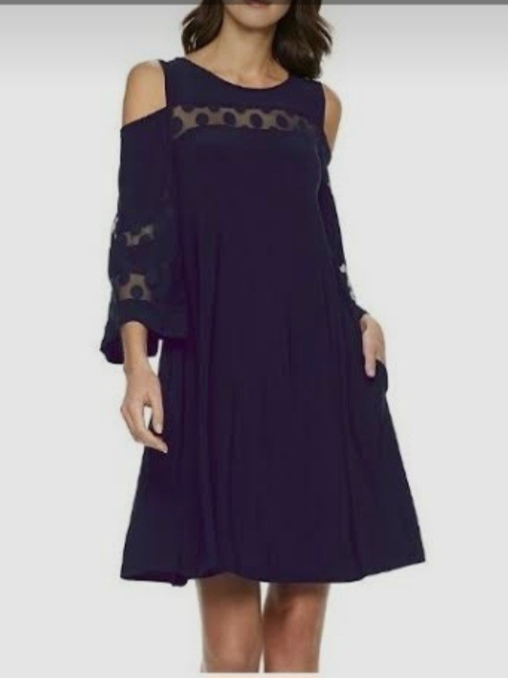 Nina Leonard Cold-Shoulder Navy Dress with Lace Insets